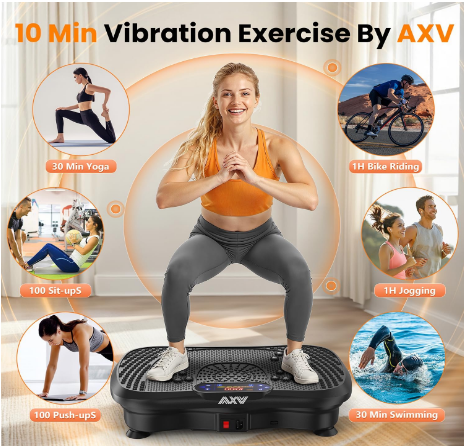 Fit woman exercising on a vibrating workout machine for strength and balance training.